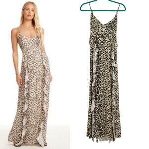 Chaser Maxi‎ Dress Leopard Cheetah Print Lace Up Back Ruffle Tan Brown Size XS